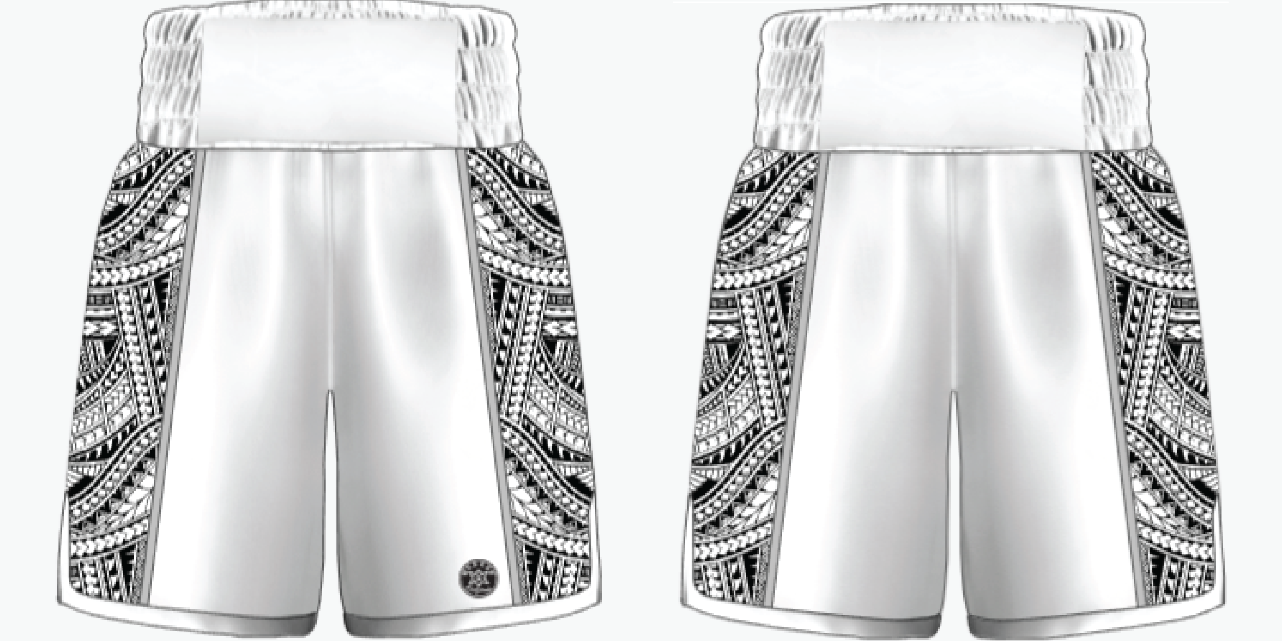 Tribal boxing shorts with fully sublimated tattoo-style artwork on the side stripes, lightweight construction and full custom colour and logo options.