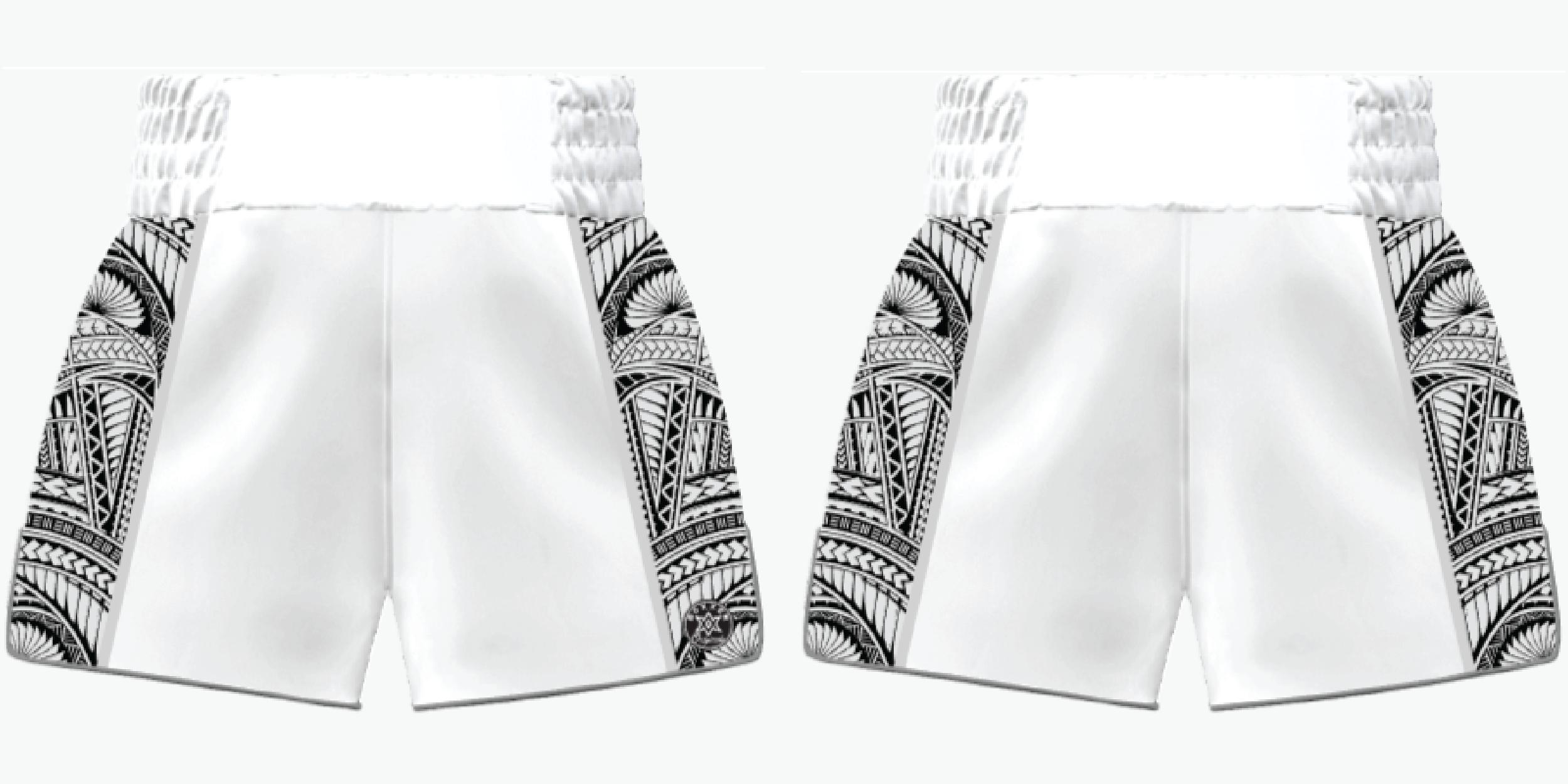 Tribal Muay Thai shorts with Hawaiian-style sublimated side panels and a customisable main body in any fabric, with full colour and logo options.