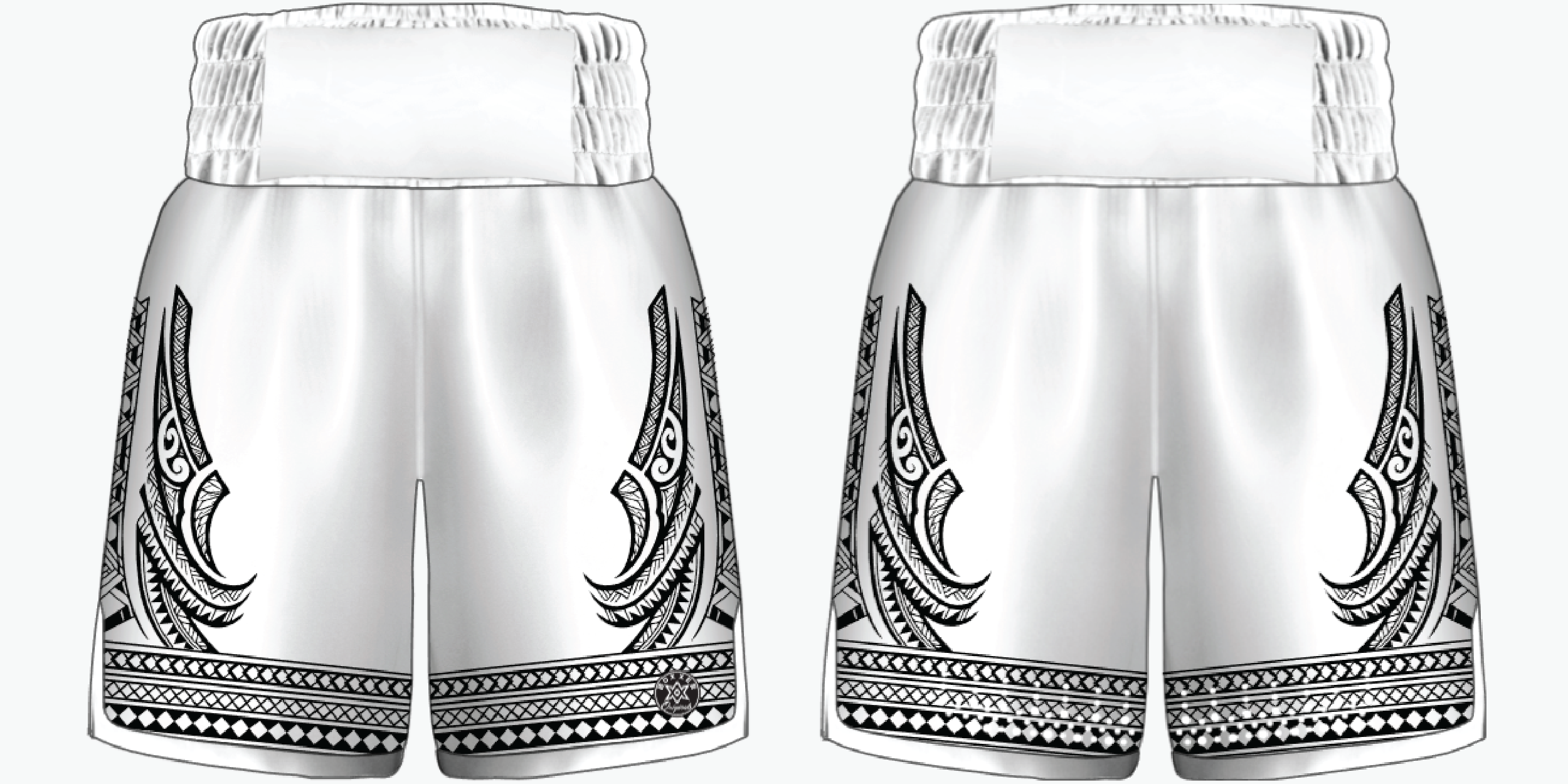 Tribal Haka boxing shorts with fully sublimated Maori-style artwork on the side panels, available in Standard, Retro and Women’s fits with full custom options.