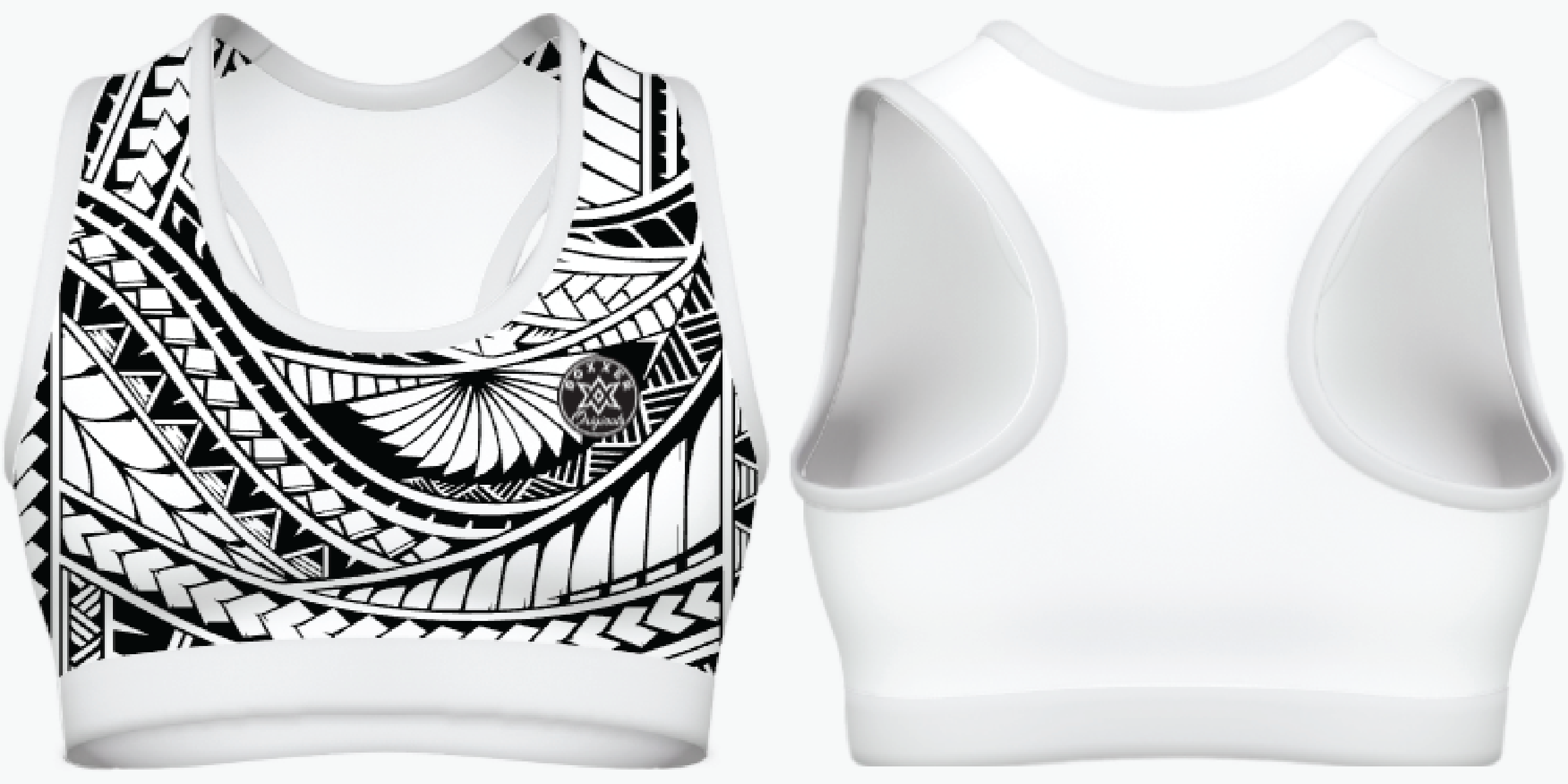 Tribal sports bra with sublimated tattoo-style artwork, supportive fit and full custom colour, text and logo options for boxing, Muay Thai and MMA fighters.
