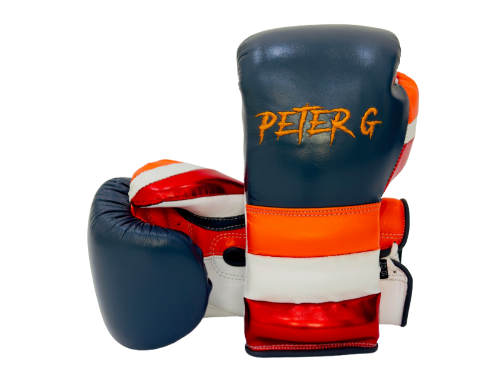 Impact Pro Custom lace-up boxing gloves with a ridged wrist panel in a multi-zone custom layout.