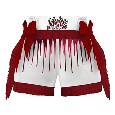 Cascade custom Muay Thai shorts with flowing drip-line cascade pattern, wide legs, and side slits.