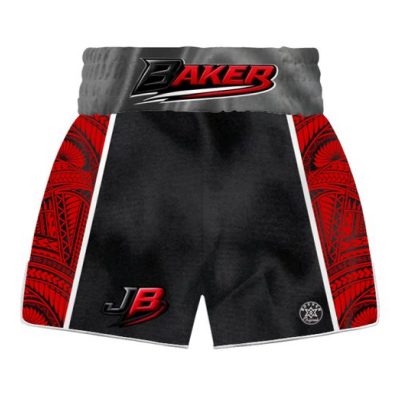 Tribal Muay Thai shorts with Hawaiian-style sublimated side panels and a customisable main body in any fabric, with full colour and logo options.
