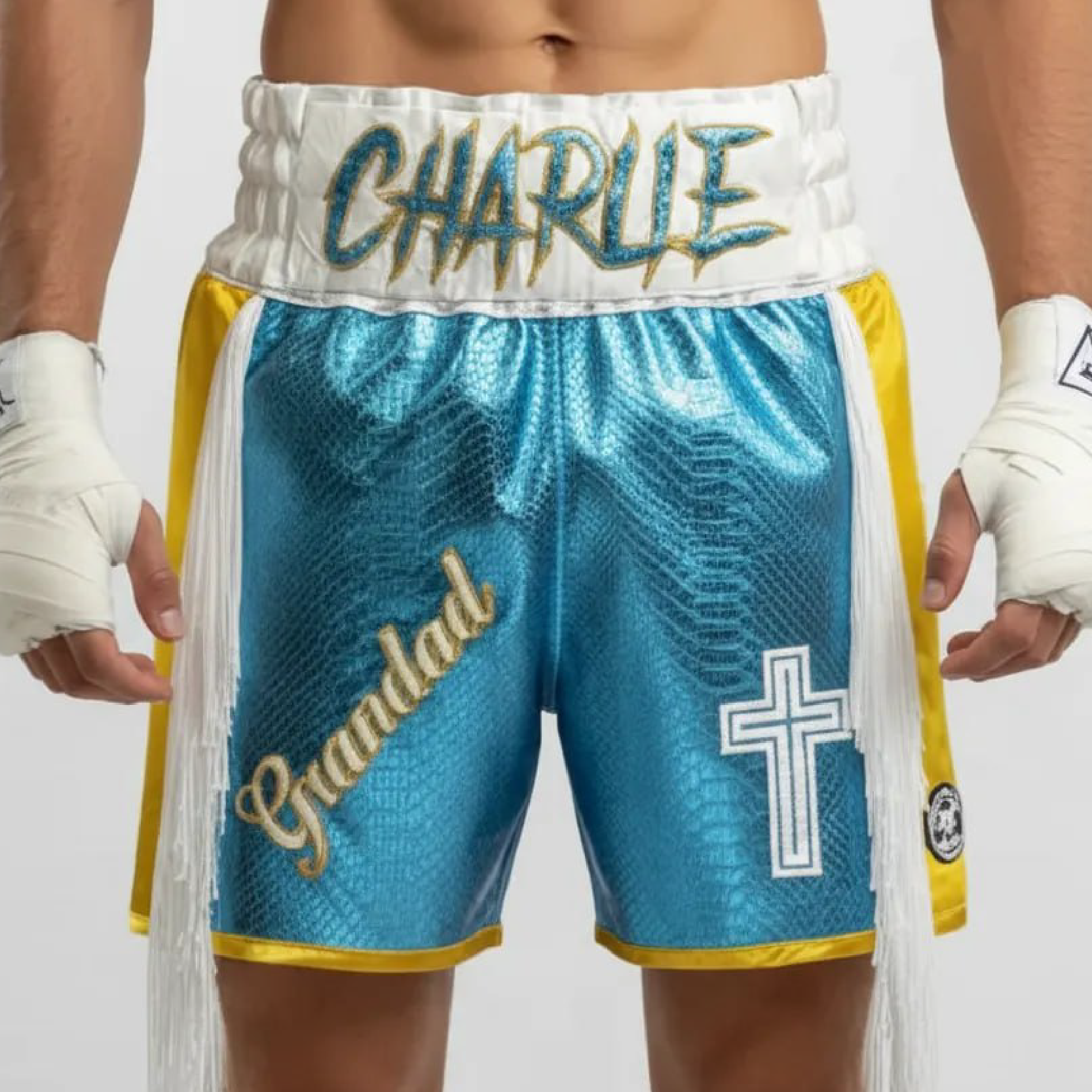Customisable Gen One boxing shorts template with layered double-stripe side panels. Premium stitched construction designed for comfort, movement, and boxing performance.