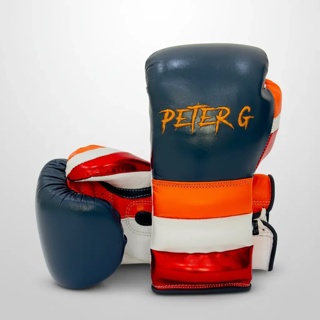 Impact Pro Custom lace-up boxing gloves with a ridged wrist panel in a multi-zone custom layout.