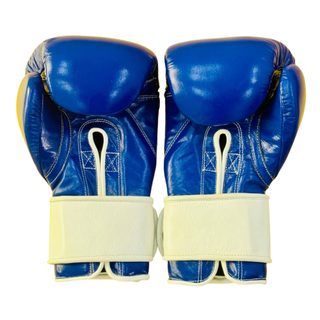 blue and white leather boxing gloves with glossy white strap and retro wrist branding