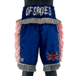 Custom blue boxing shorts with peach faux long fur style, silver tassels, silver chain and buttons, and crystal embellished on embroidered name
