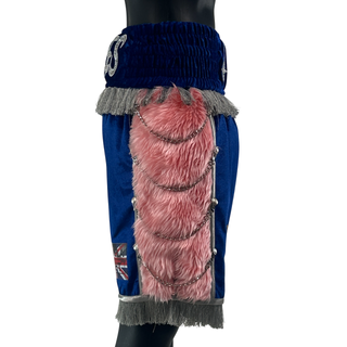 Custom blue boxing shorts with peach faux long fur style, silver tassels, silver chain and buttons, and crystal embellished on embroidered name