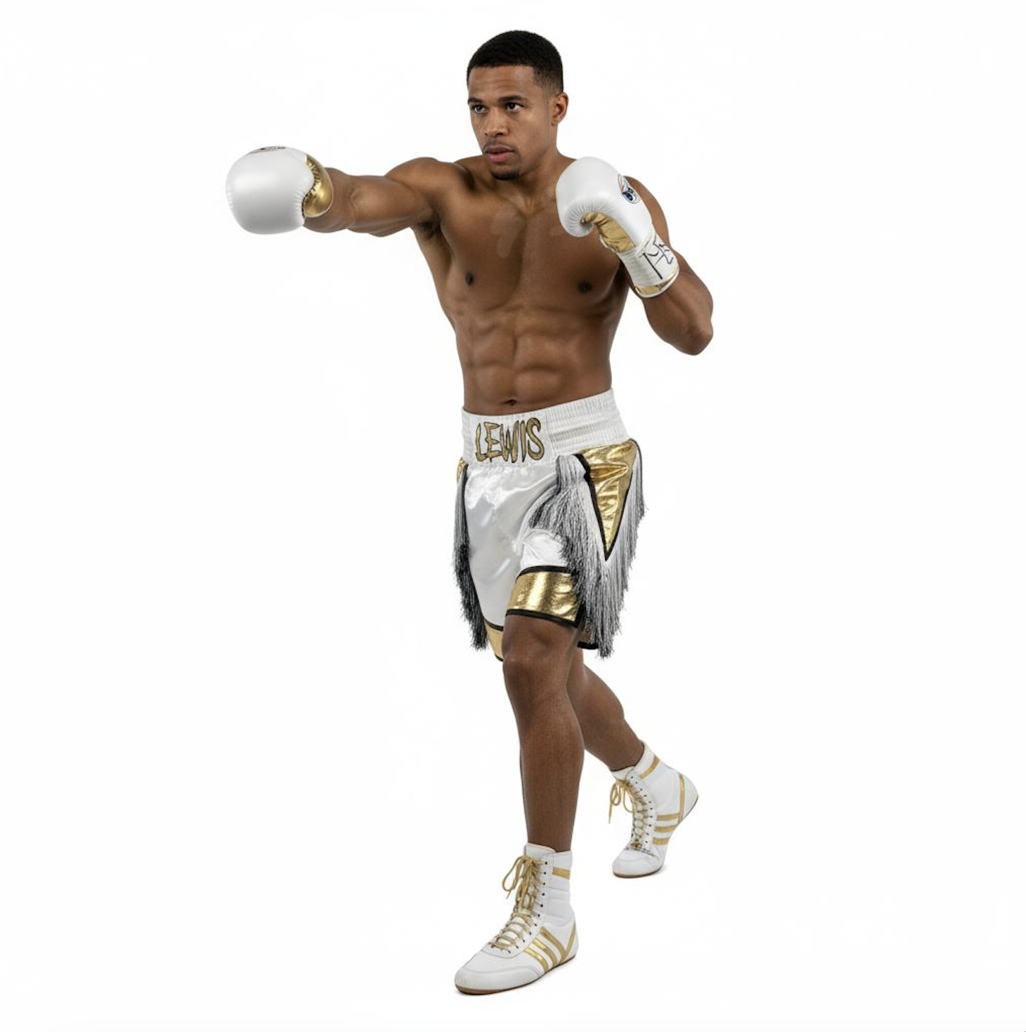 Bilal Lewis White & Gold Custom Boxing Shorts & Trunks