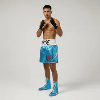 Custom boxing shorts Lightning Design in light blue and white soft leatherette with lightning strike, standard length
