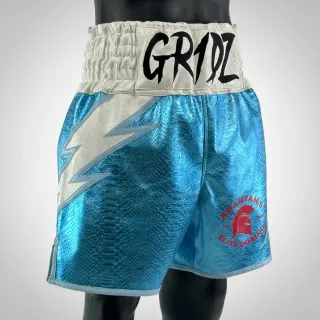 Custom boxing shorts Lightning Design in light blue and white soft leatherette with lightning strike, standard length
