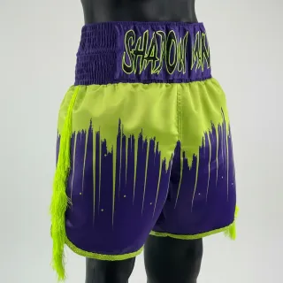 Custom boxing shorts Shine Bright Design in neon sublimation and purple satin with long fringe, retro length.