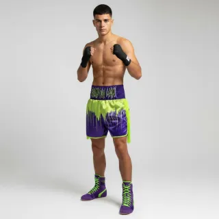 Custom boxing shorts Shine Bright Design in neon sublimation and purple satin with long fringe, retro length.