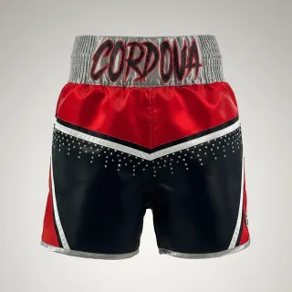 Custom boxing shorts in women’s cut, Ingram style, black red and white shimmer satin with rhinestones