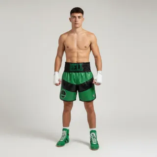 Custom boxing trunks in black and green leatherette with sponsor logo and waistband