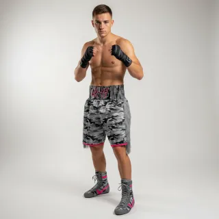 Custom boxing shorts Classic Design in camouflage sublimation with long side tassels, standard length