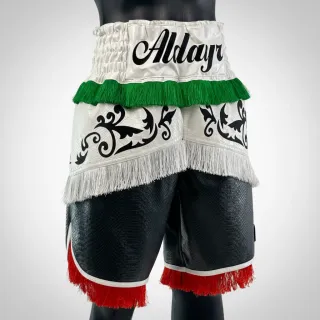Custom boxing shorts Wild West Design in black and white snake metallic leatherette with embroidery and tassels, retro length
