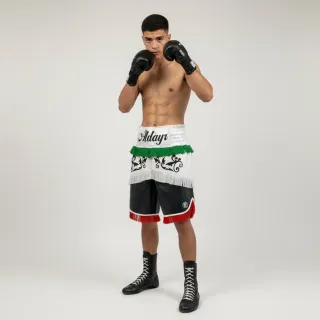 Custom boxing shorts Wild West Design in black and white snake metallic leatherette with embroidery and tassels, retro length