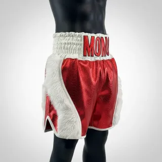Custom boxing shorts Dream style red metallic snake with white long fur trim