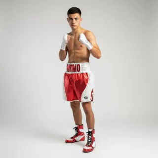 Custom boxing shorts Dream style red metallic snake with white long fur trim