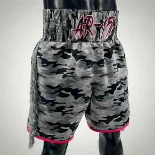 Custom boxing shorts Classic Design in camouflage sublimation with long side tassels, standard length