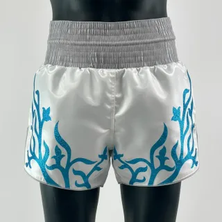 Custom Muay Thai shorts Growth style in white shimmer satin with blue glitter