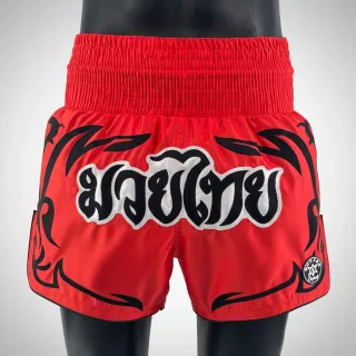 Custom Muay Thai shorts Blaze design in red satin with black appliqué