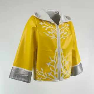 Custom boxing jacket in yellow leatherette with white metallic trim and crystals