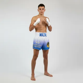 Custom Muay Thai shorts Classic design in blue gradient satin with embroidered waistband