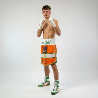 Custom boxing shorts Gladiator Stripe design in orange satin with green sequins and white shine