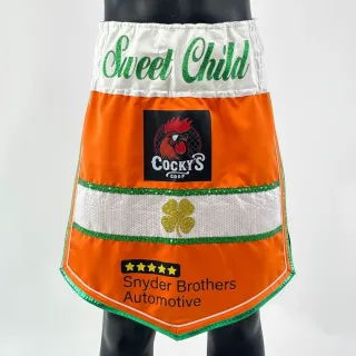 Custom boxing shorts Gladiator Stripe design in orange satin with green sequins and white shine
