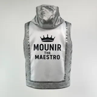 Custom boxing jacket COTTO design in white satin with silver trims