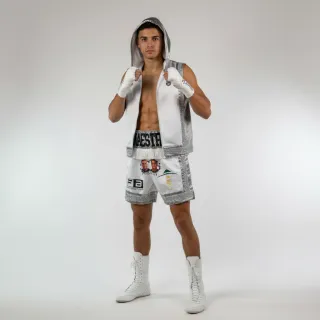 Custom boxing shorts COTTO design in white satin with silver trims and fringe