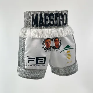 Custom boxing shorts COTTO design in white satin with silver trims and fringe