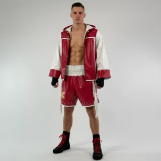 Custom boxing jacket Joshua design in red leatherette with white trims and hand-applied crystals