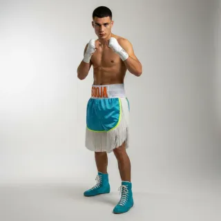 Custom boxing shorts Lorenzo design in blue satin with tassels