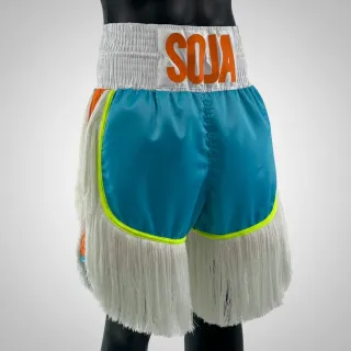 Custom boxing shorts Lorenzo design in blue satin with tassels
