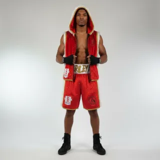 Custom boxing jacket Side Stripe design in red velour with faux fur and crystals