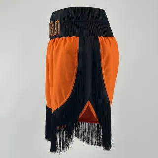 Custom retro boxing shorts in orange and black satin with long fringe and Cuban flag — Boxxerworld design