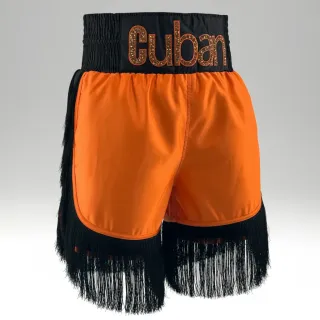 Custom retro boxing shorts in orange and black satin with long fringe and Cuban flag — Boxxerworld design