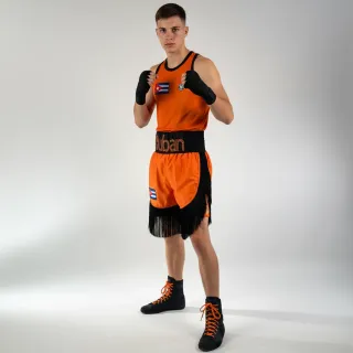 Custom retro boxing shorts in orange and black satin with long fringe and Cuban flag — Boxxerworld design