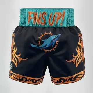 Custom Muay Thai shorts black and aqua matt satin with orange appliqué