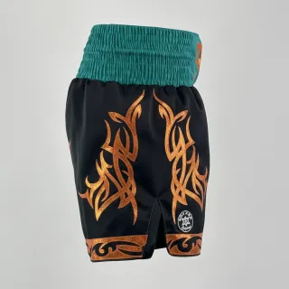 Custom Muay Thai shorts black and aqua matt satin with orange appliqué