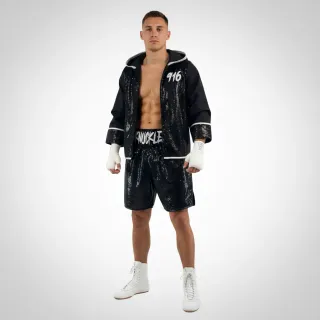 custom boxing shorts black sequins with name waistband