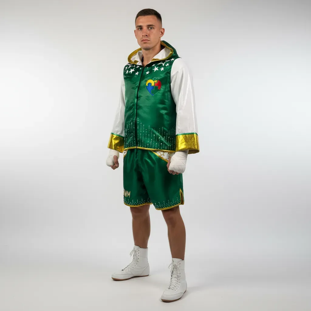 Boxing Jacket Custom Boxing Jacket | Superstar Design Green Satin with Stars & Long ...
