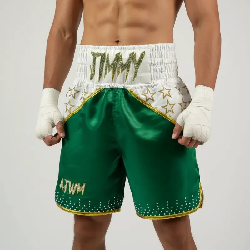 STAR QUALITY BX James Green & White & Gold 194588 Custom Boxing Shorts & Trunks