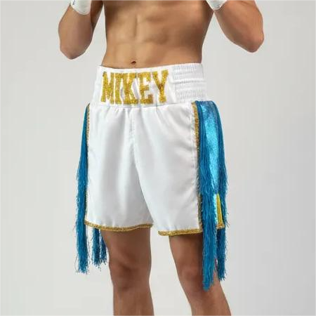 Side Stripe Luxury II Delora White & Light Blue & Gold 188731 Custom Boxing Shorts & Trunks