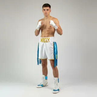 Custom boxing shorts white satin with blue tassels and gold trim