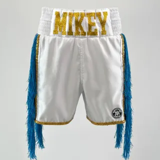 Custom boxing shorts white satin with blue tassels and gold trim