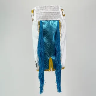 Custom boxing shorts white satin with blue tassels and gold trim